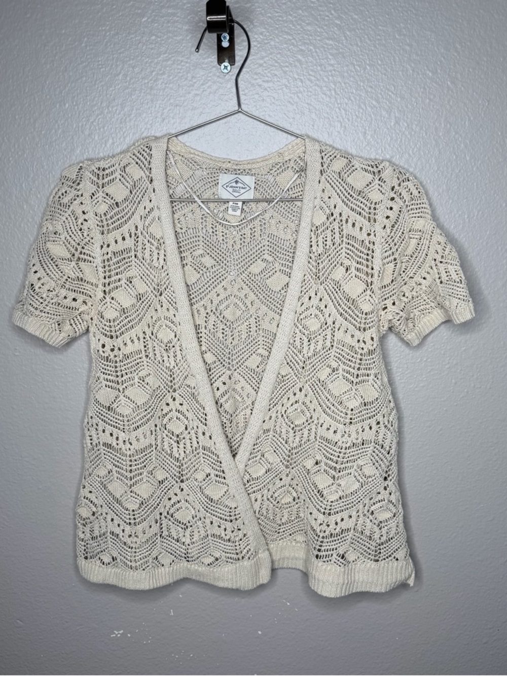 St. John's Bay Cream Open-Front Crocheted Short Sleeve Cardigan
